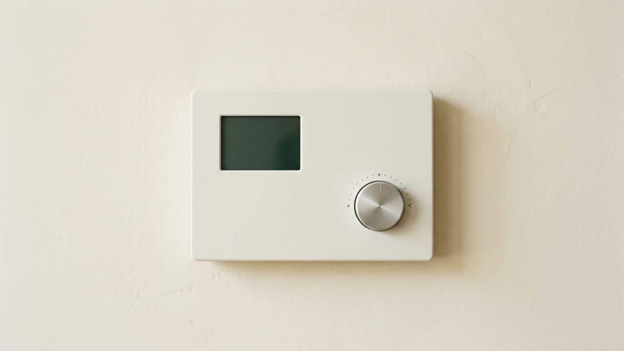 Illustrative brand image, synthetic: a wall-mounted building climate control panel with a blank screen and one dial