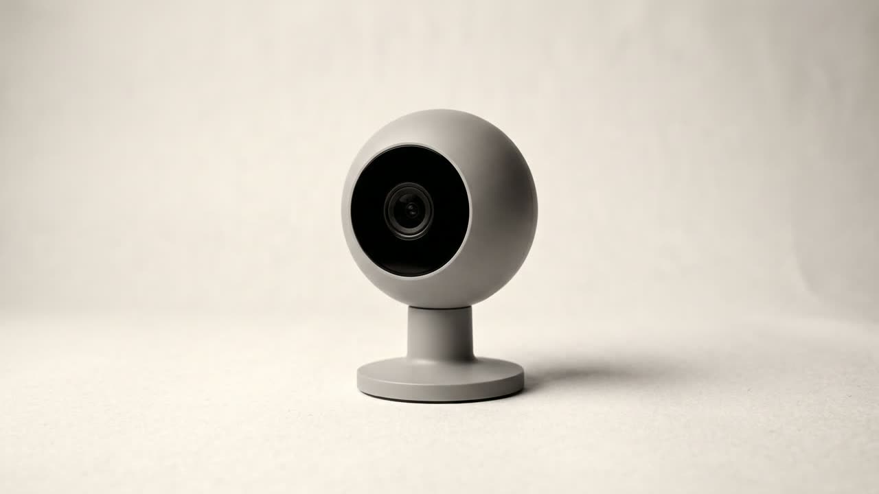 Illustrative brand image, synthetic: a matte white consumer smart camera on a soft ivory background
