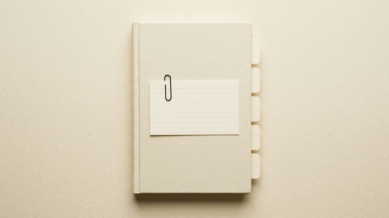 Illustrative brand image, synthetic: a linen-bound journal with divider tabs and a ruled index card clipped to its cover
