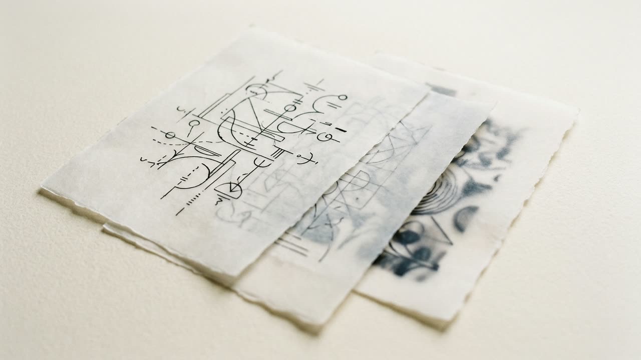 Illustrative brand image, synthetic: three translucent vellum sheets stacked with slight offsets — the top sheet crisp and fully readable, the middle softly veiled, the bottom mostly obscured