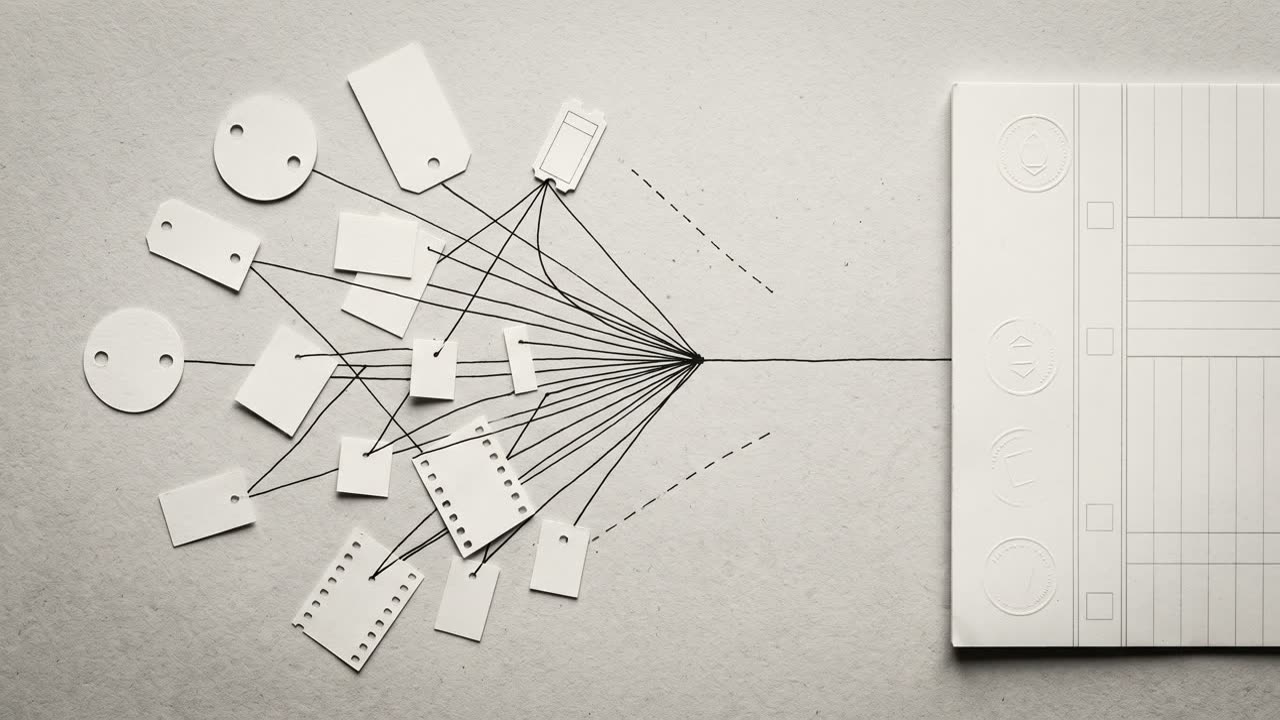 Illustrative brand image, synthetic: scattered paper evidence tokens connected by ink lines converging toward one ledger card, with two dashed lines deliberately left unresolved