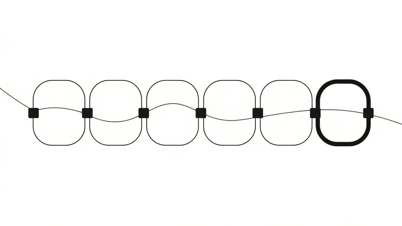 Illustrative brand image, synthetic: six document panels threaded left to right by one continuous ink line, the final panel drawn bolder