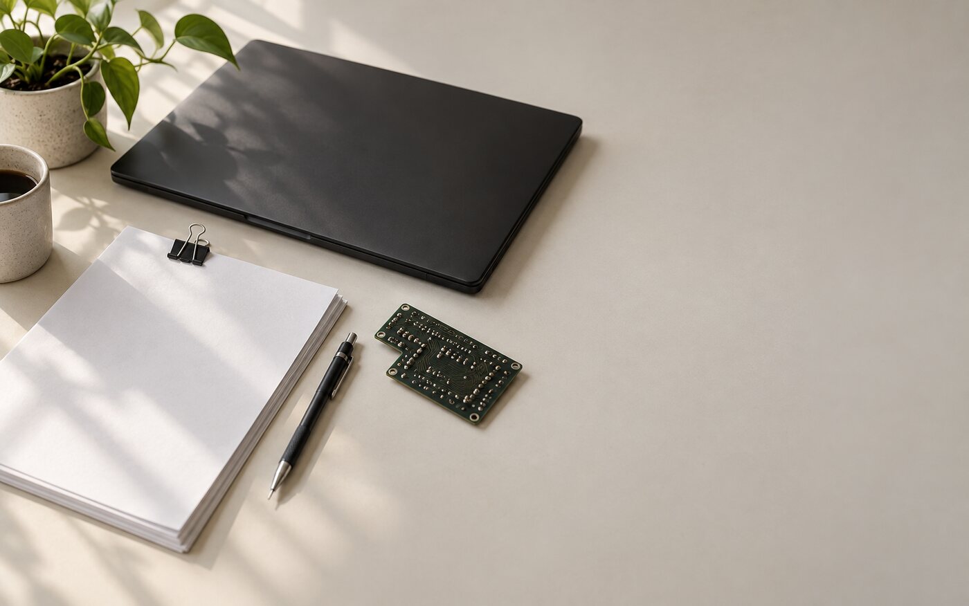 Illustrative brand image, synthetic: a quiet desk in daylight &mdash; a closed laptop, a clipped stack of printed pages, a mechanical pencil and a bare circuit board resting face down