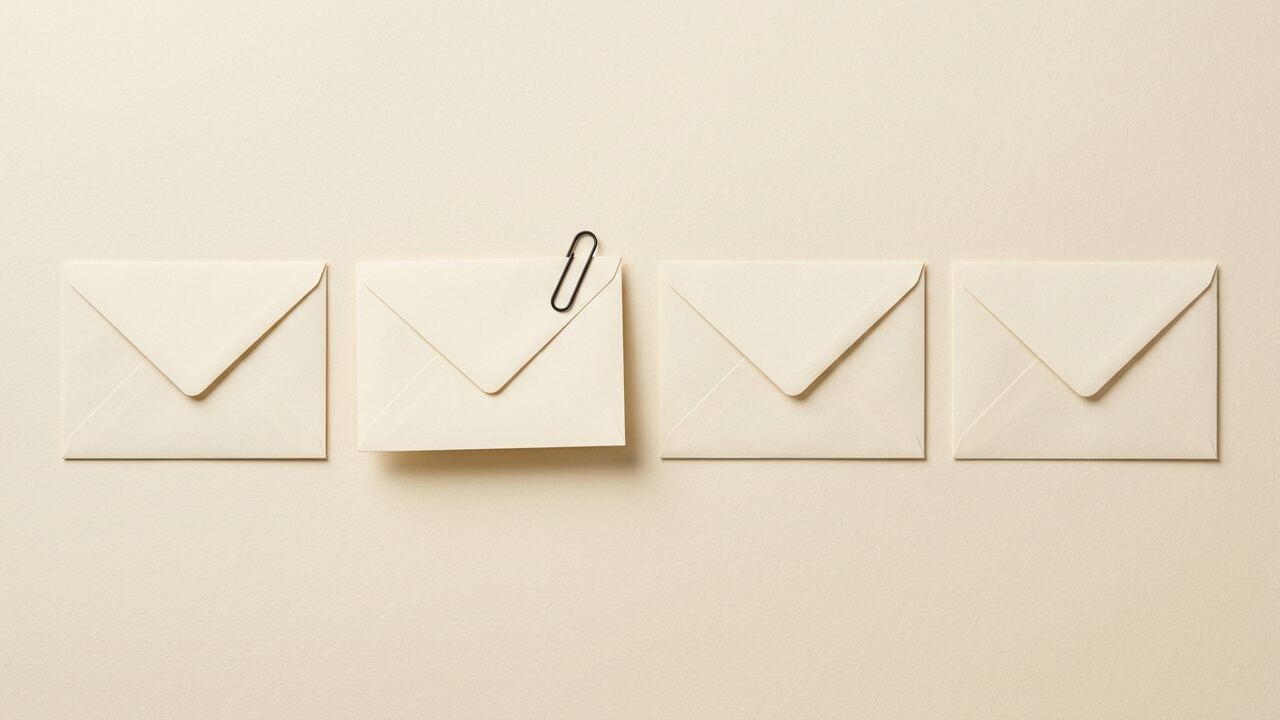 Illustrative brand image, synthetic: four identical blank cream envelopes in an even row, the second lifted slightly and held by a single paperclip