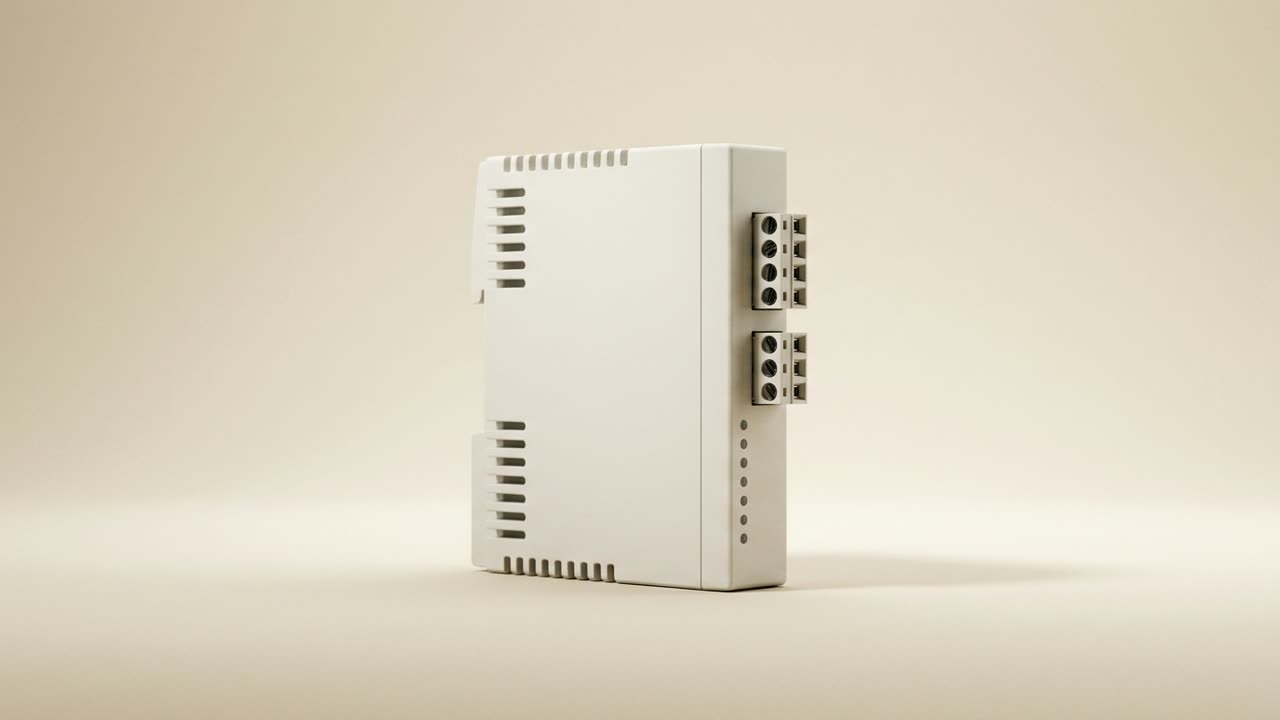 Illustrative brand image, synthetic: a bone-white DIN-rail industrial controller module with terminal blocks