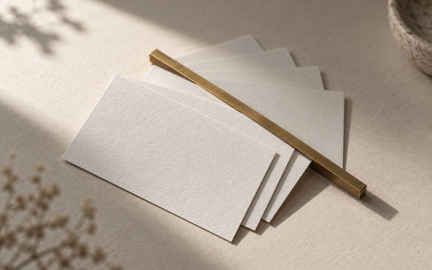 Illustrative brand image, synthetic: a fanned stack of blank cards, the front three sharp and the back three softening into the paper, with a single brass rule laid across them