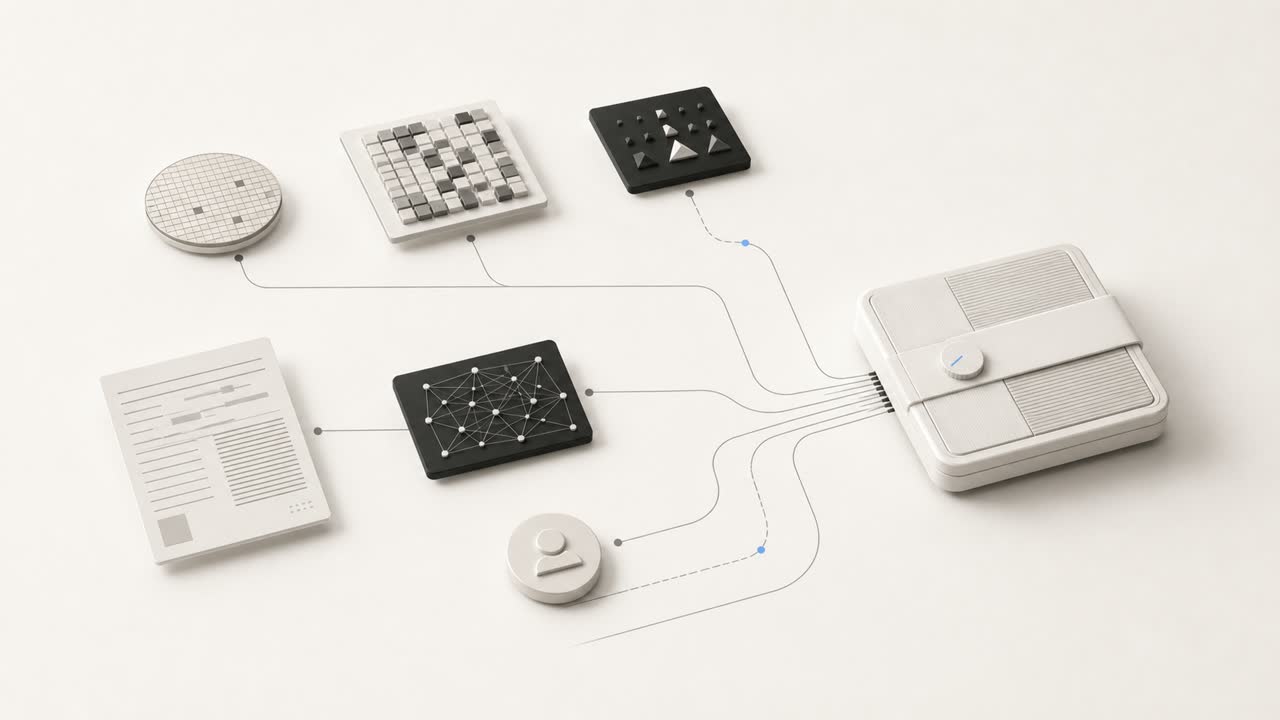 Illustrative brand image, synthetic: evidence artifacts converging into a single release pack