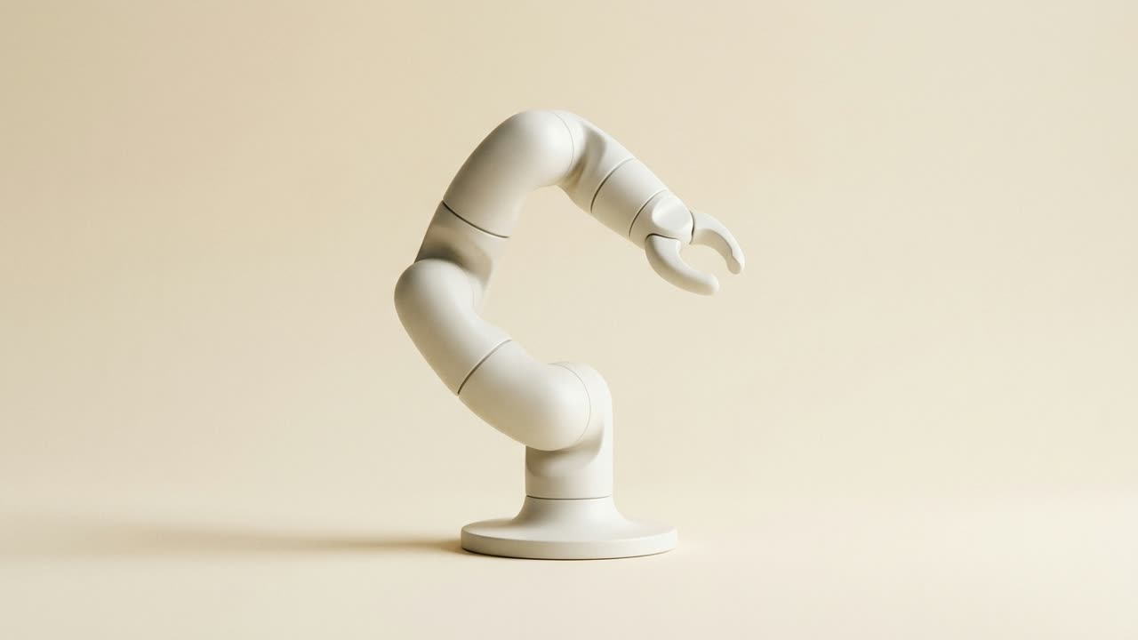 Illustrative brand image, synthetic: a small bone-white collaborative robotic arm in a curled pose