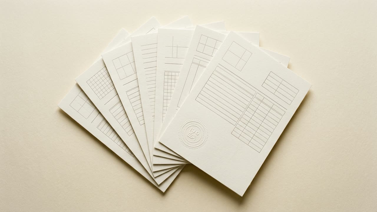 Illustrative brand image, synthetic: a fan of ruled paper forms on an ivory surface, the front sheet carrying an embossed seal