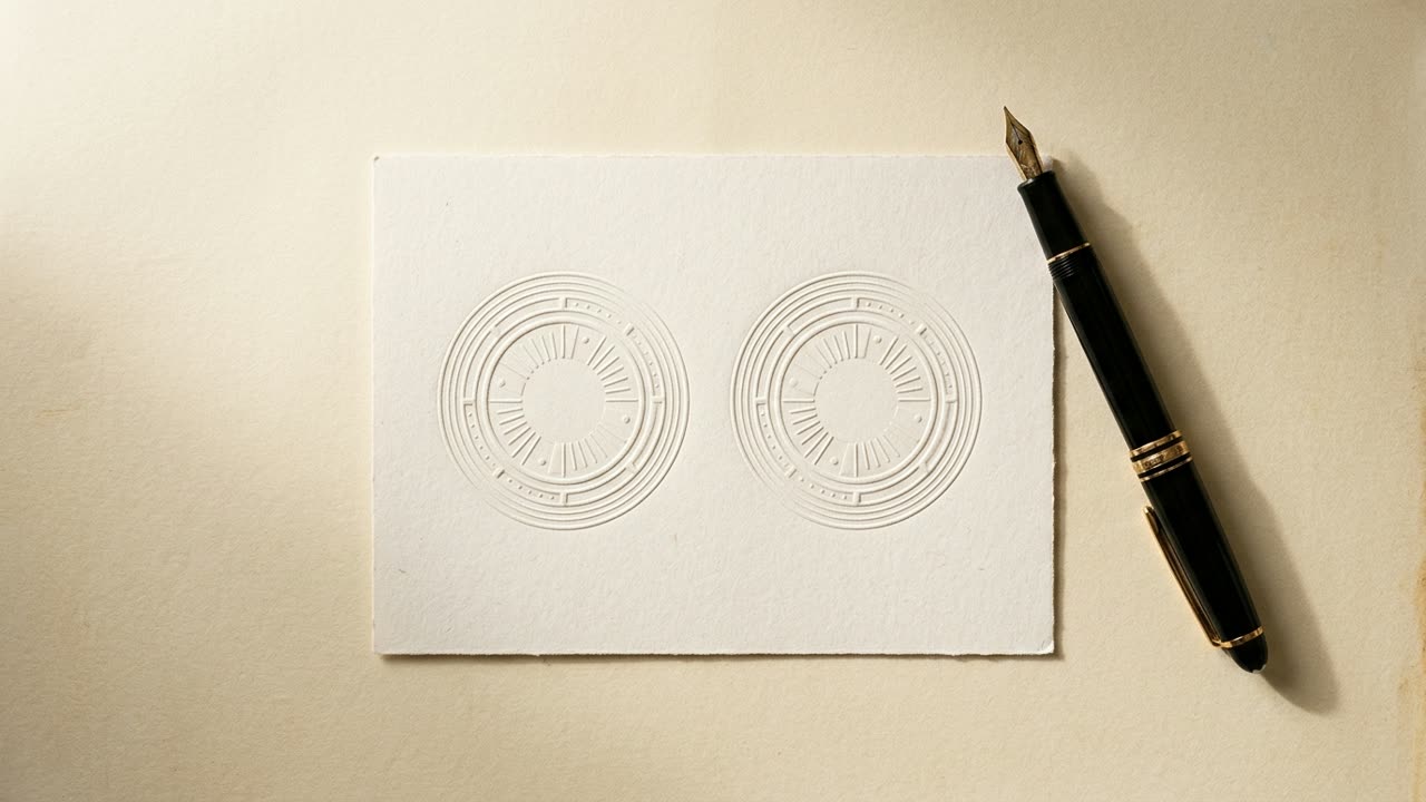 Illustrative brand image, synthetic: two blind-embossed circular seals on a sheet of textured paper, with a fountain pen resting beside it